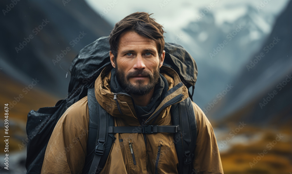 A close-up portrait of a middle-aged man in a jacket with backpack hiking in the Scandinavian mountains during an overcast autumn day. A close-up portrait of a middle-aged man in a jacket with backpack hiking in the Scandinavian mountains during an overcast autumn day.