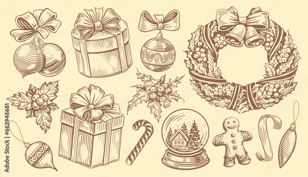 Hand drawn retro objects for holiday decoration. Christmas concept. Vintage sketch vector illustration