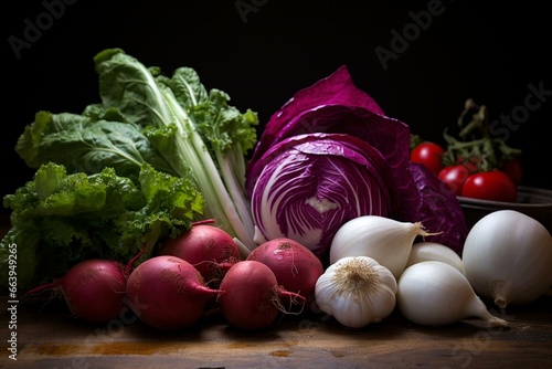 Fresh red veggies on a white board: nourishing cabbage & turnips. Generative AI