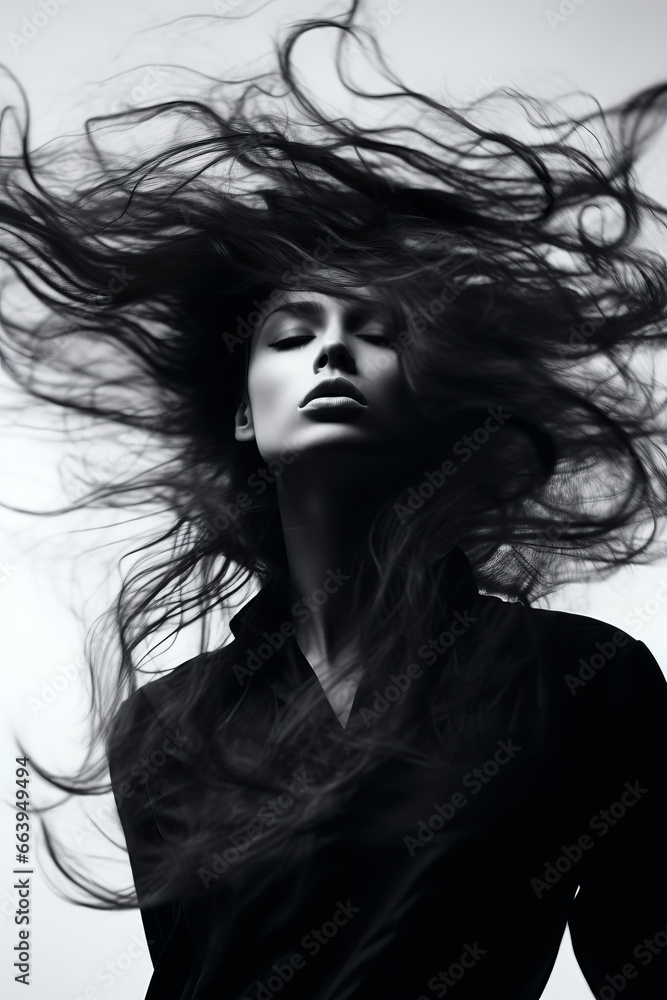 Beautiful black & white female model with chaotic flipping hair, elegant and sensual.
