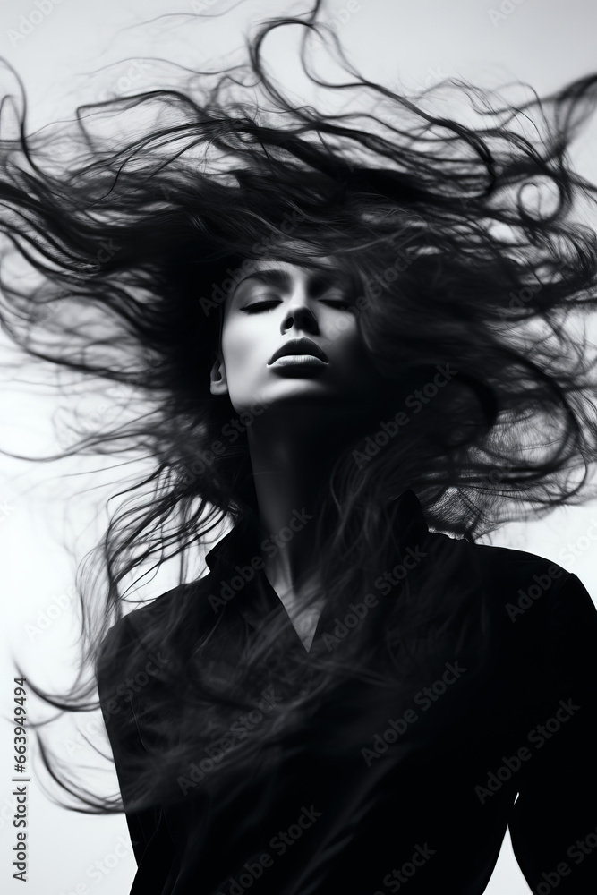 Beautiful black & white female model with chaotic flipping hair, elegant and sensual. Beautiful black & white female model with chaotic flipping hair, elegant and sensual.