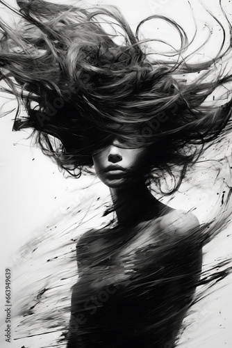 Beautiful black & white female model with chaotic flipping hair, elegant and sensual. © KG