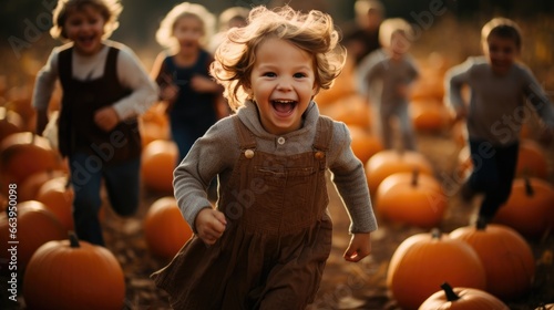 Group of girls and boys running in pumpkin patch field at sunny autumn day. Happy friends children faving fun playing outdoors and picking pumpkins on Halloween.