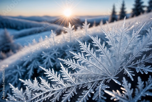 Nahaufnahme des komplexen Musters von Frostkristallen auf einem gefrosteten Fenster. photo