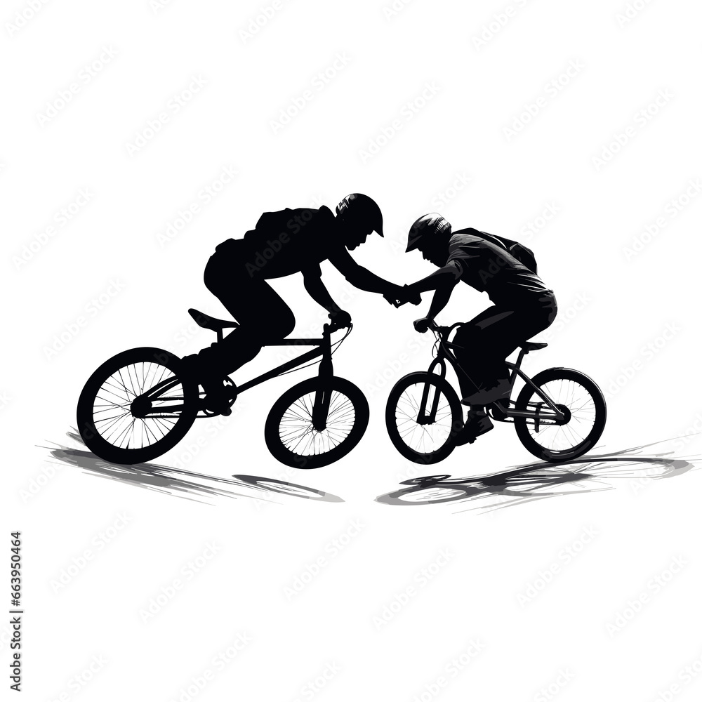 Black silhouette of a young BMX athlete performing tricks and jumps with a helmet and protective gear Black silhouette of a young BMX athlete performing tricks and jumps with a helmet and protective gear
