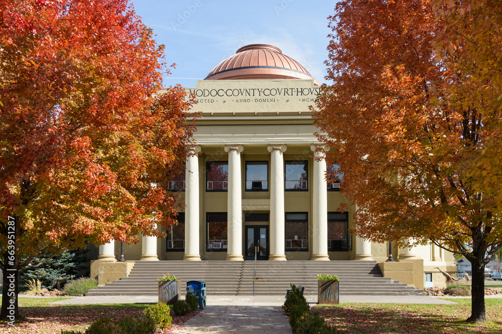 Alturas, CA, USA October 14, 2023; Facade and steps to entrance of Modoc County Courthouse