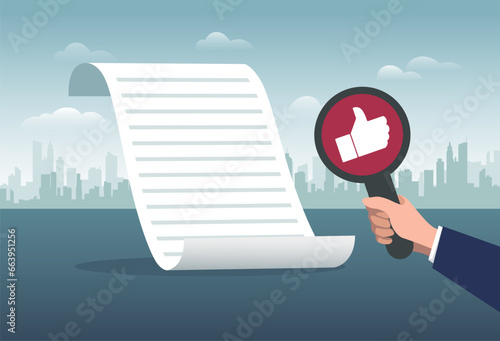 Agreement.Customer feedback concept. Vector of business people receiving excellent service evaluation.A document announced policy, people agreed. The topic was adopted.