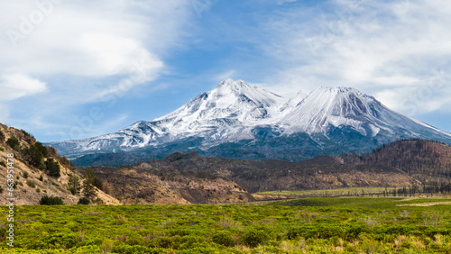 Northwest flank view of Mount Shasta volcano in Northern California with Shastina peak