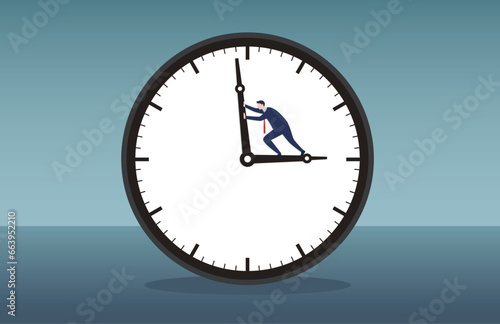 Time Management Concept Flat Cartoon Vector Illustration. Men Trying to Stop Time on Clock. Postponing Task, Employees Deadline.