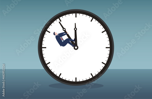 Time Management Concept Flat Cartoon Vector Illustration. Men Trying to Stop Time on Clock. Postponing Task, Employees Deadline.