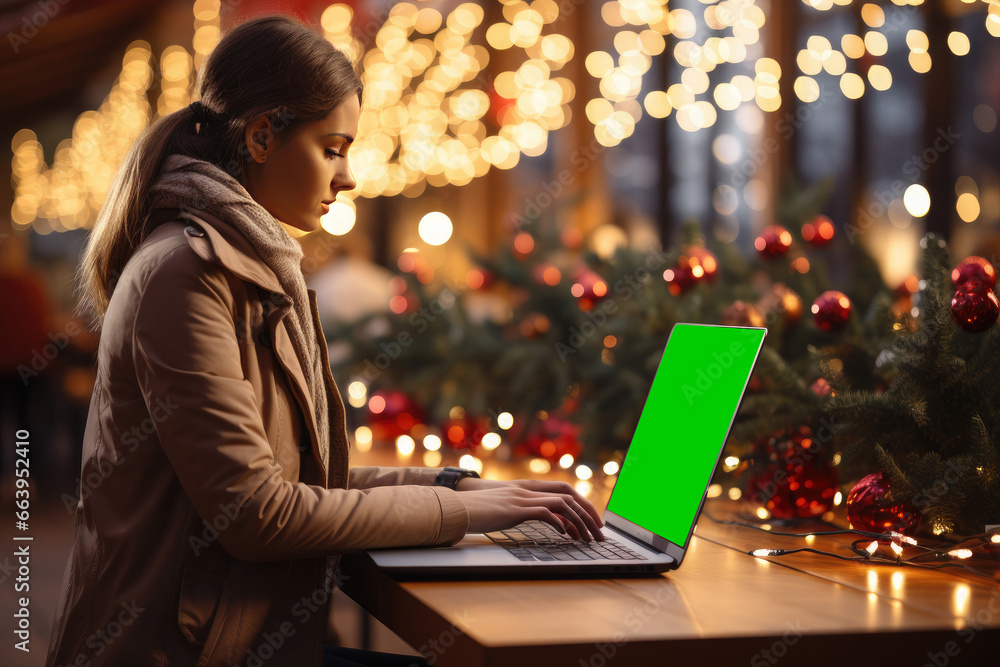 Christmas sales. Promotions, discounts. Beautiful young woman shopping, make orders, planning holiday by laptop and buying gifts. Xmas holiday. Black Friday, Cyber Monday. Merry Christmas. Christmas sales. Promotions, discounts. Beautiful young woman shopping, make orders, planning holiday by laptop and buying gifts. Xmas holiday. Black Friday, Cyber Monday. Merry Christmas.