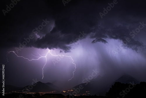 Landscape view of a thunderstorm with lightning bolts over a mountain range