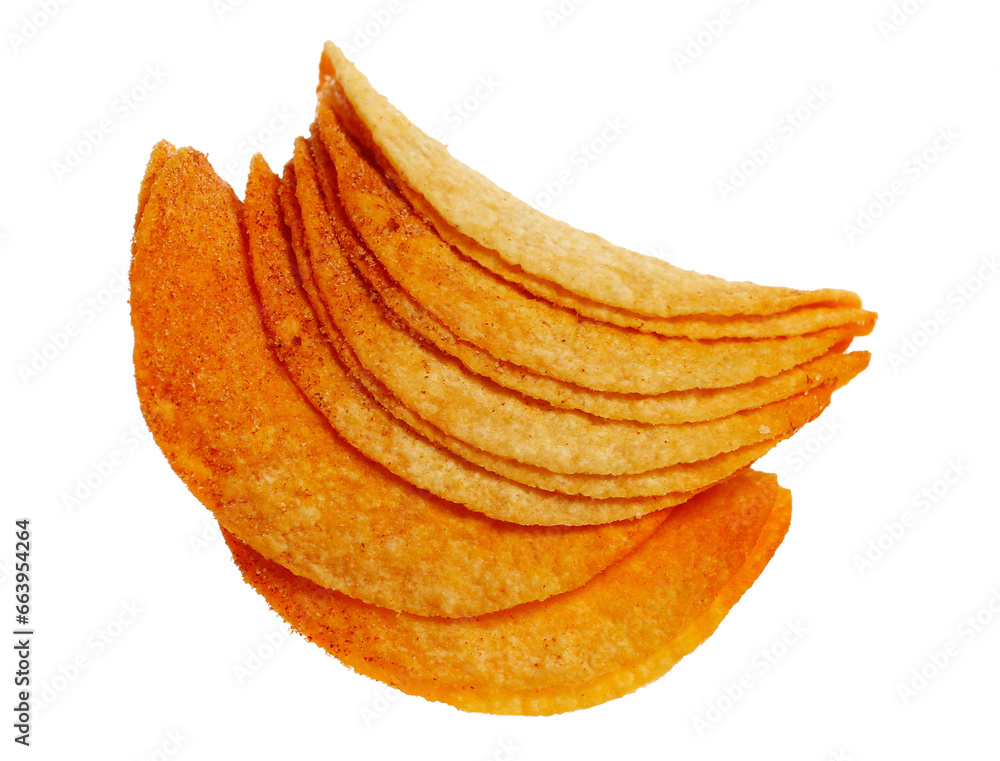 Potato chips group with flavored hot and spicy flying isolated on white, clipping path
