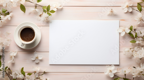 Top view blank paper notebook  white flowers  cup of coffee and pen. Desktop mock up  flat lay of rosy color wooden working table background  template greeting card