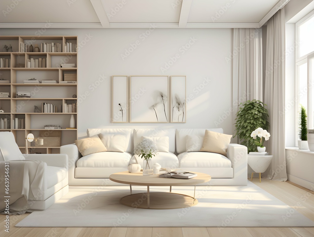 Modern living room with sofa and beautiful interior decoraton design. White and clean tone