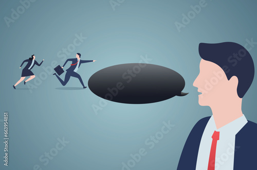lying, brag concept. Businessman leading businesswoman running into a trap.speech bubble.