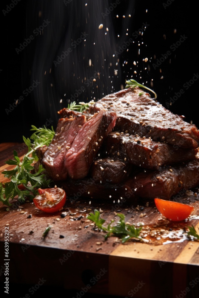 A Captivating Shot: Slow Motion Seasoning Falling onto Grilled Beef Placed on a Wooden Board A Captivating Shot: Slow Motion Seasoning Falling onto Grilled Beef Placed on a Wooden Board