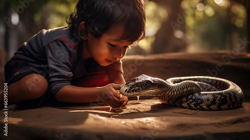 A little Male Child Feeding a Snake in a Garden. Autumnal Season is coming, Animal Lover. Little Children Taking Care of his Domesticated Cobra.