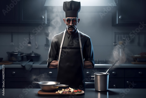 Thin man bad chef in black wear, AI generated photo