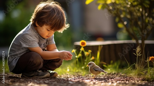A little Male Child Feeding a Tiny Bir in a Huge Garden. Autumnal Season is coming, Animal Lover. Little Children Taking Care of his Bird.