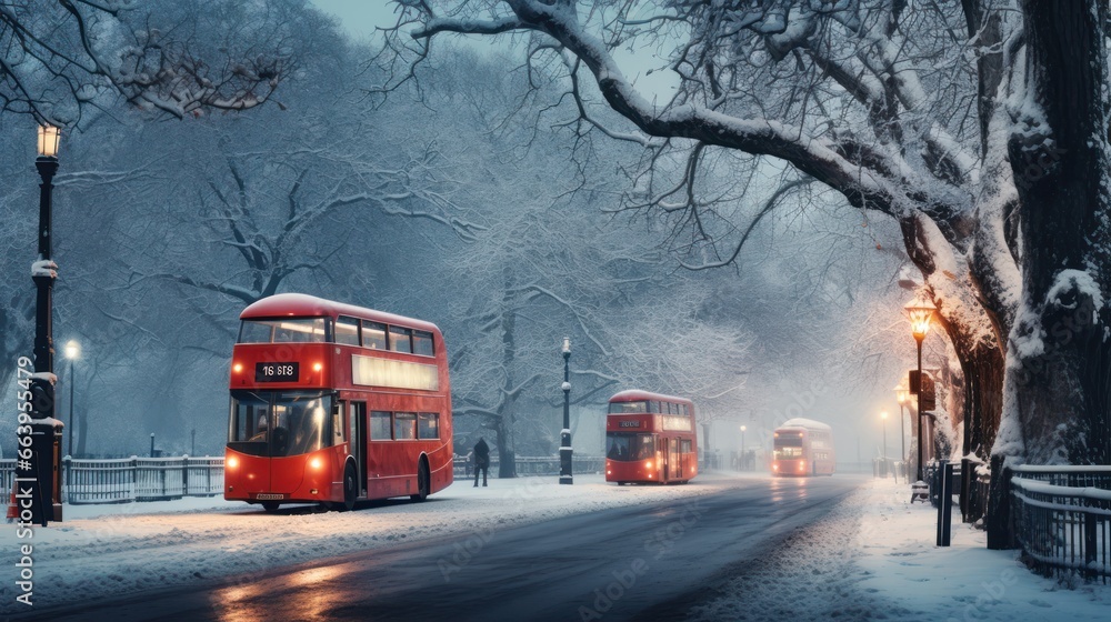 Obraz premium London street with red bus in rainy day sketch illustration