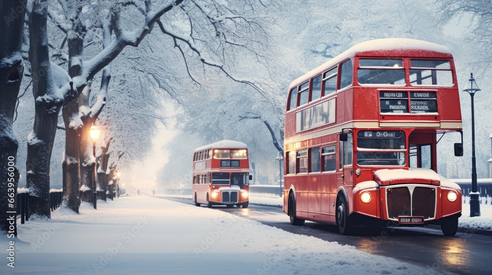Obraz premium London street with red bus in rainy day sketch illustration