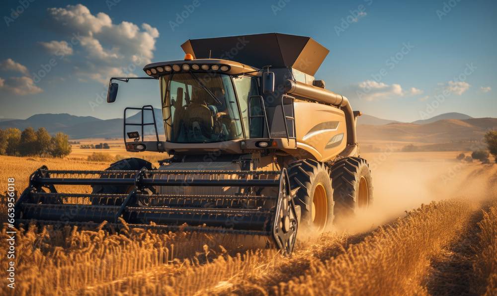 Fototapeta premium Combine harvester harvesting golden ripe wheat in field. Agriculture concept. Seasonal work of farming machine. Big modern industrial combine harvester reaping wheat grains.