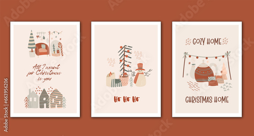 Set of greeting Christmas cards to winter holidays, cozy home elements, snowman and Christmas trees, hand drawn vector illustration