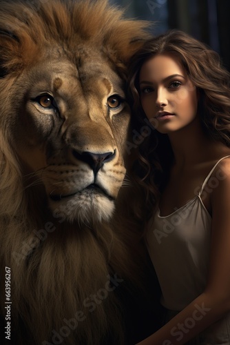 A Beautiful Girl poses next to a Majestic Lion in the middle of the Forest. Fashinating Lion looking next to the Lens.