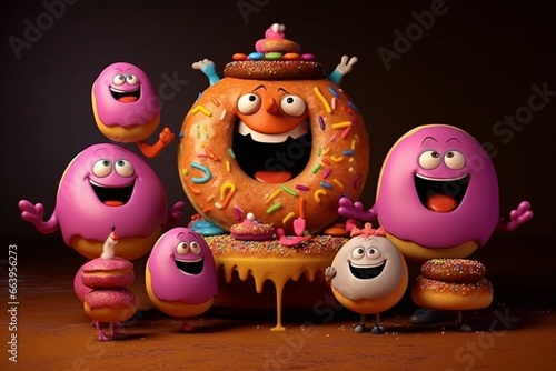 An amusing donut family with happy expressions, portraying delightful desserts and sugary pastries. Generative AI © Maeve