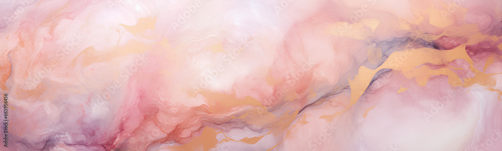 Abstract fractal marble pattern, in the style of pale pink and gold, marbleized, expressionistic madness, iridescence / opalescence, mixed media printing.