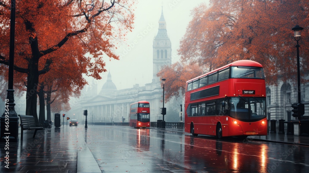 Obraz premium London street with red bus in rainy day sketch illustration