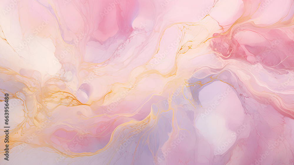 Abstract fractal marble pattern, in the style of pale pink and gold, marbleized, expressionistic madness, iridescence / opalescence, mixed media printing.