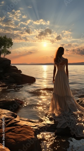 A Beautiful Woman, with a Long White Dress, Walking in front of the Sea surrounded by Rocks during Sunset.