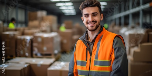 man orange vest standing warehouse boxes gen brown white green colors young face wears blue shirt shipping docks human figures smiling city socialist photo