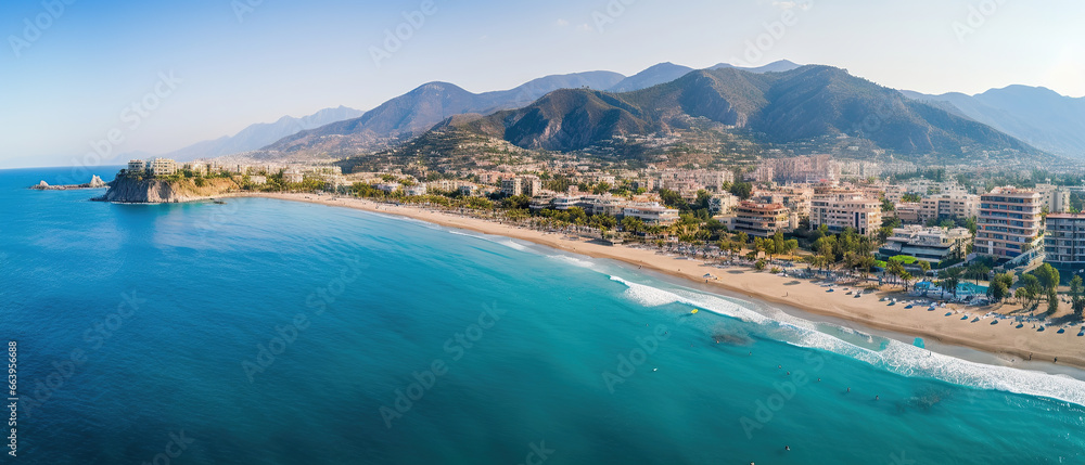 Aerial drone view, Beautiful panorama of the famous Cleopatra beach of the Mediterranean resort town of Alanya.