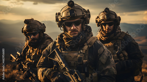 Squad of Three Fully Equipped and Armed Soldiers Standing on Hill in Desert Environment in Sunset Light photo