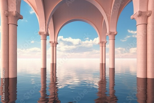 Peaceful seascape with calm water, mirrored arches, and serene sky. Generative AI