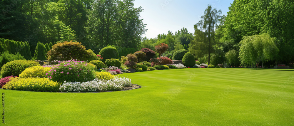 Beautiful manicured lawn and flowerbed with deciduous shrubs on plot or Park outdoor. Green lawn closely mowed grass. - obrazy, fototapety, plakaty 