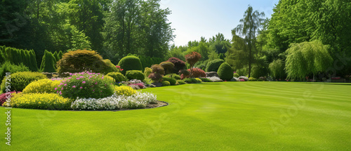 Beautiful manicured lawn and flowerbed with deciduous shrubs on plot or Park outdoor. Green lawn closely mowed grass. © Santy Hong