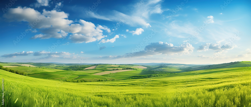 Beautiful summer rural natural landscape with fields young wheat, blue sky with clouds. Warm fresh morning and road stretching into distance. Panorama of spacious hilly area.