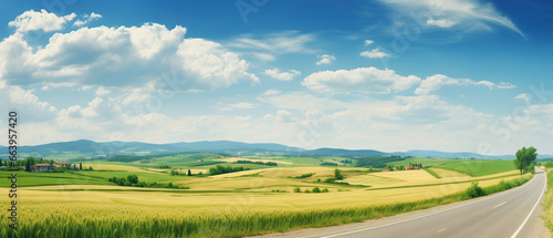 Beautiful summer rural natural landscape with fields young wheat, blue sky with clouds. Warm fresh morning and road stretching into distance. Panorama of spacious hilly area.