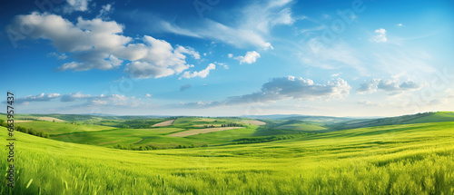 Beautiful summer rural natural landscape with fields young wheat  blue sky with clouds. Warm fresh morning and road stretching into distance. Panorama of spacious hilly area.
