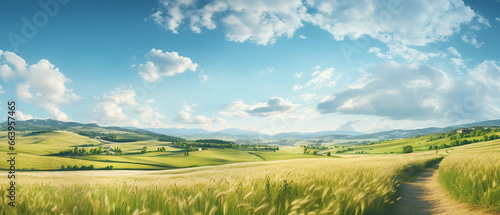 Beautiful summer rural natural landscape with fields young wheat  blue sky with clouds. Warm fresh morning and road stretching into distance. Panorama of spacious hilly area.