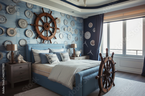 Boy's bedroom with nautical theme, interior design