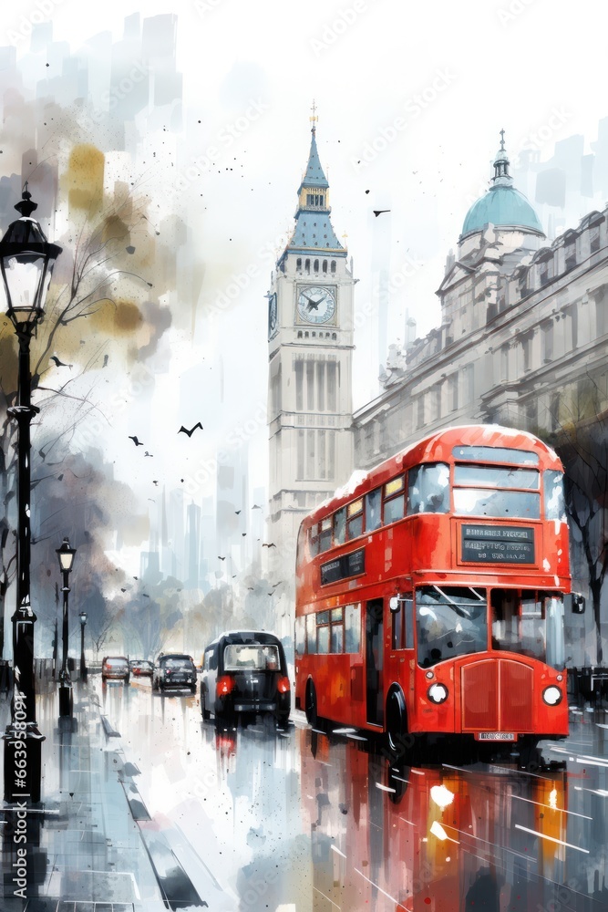 London street with red bus in rainy day sketch illustration London street with red bus in rainy day sketch illustration