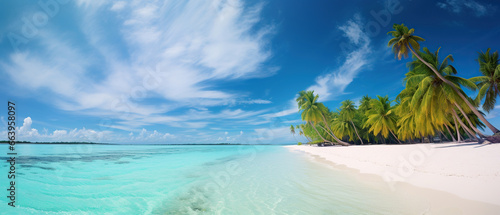 Bright tropical landscape with beautiful palm trees  turquoise ocean and blue sky with clouds. White sand beach on island in Maldives.