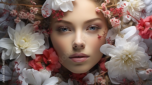 woman flowers hair wreath glowing skin face elfin beauty cherry blossom paradise fairyland closeup fashion photo