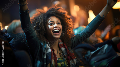 Joyful African American woman with curly hair celebrating and cheering at a concert amidst a vibrant crowd. © apratim