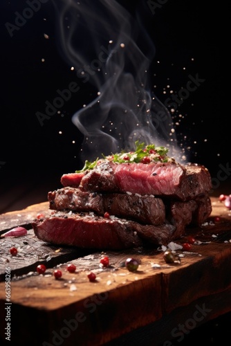 A Captivating Shot: Slow Motion Seasoning Falling onto Grilled Beef Placed on a Wooden Board